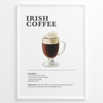 Ladda upp bild till gallerivisning, Irish coffee recipe poster with a glass of hot coffee topped with whipped cream.

