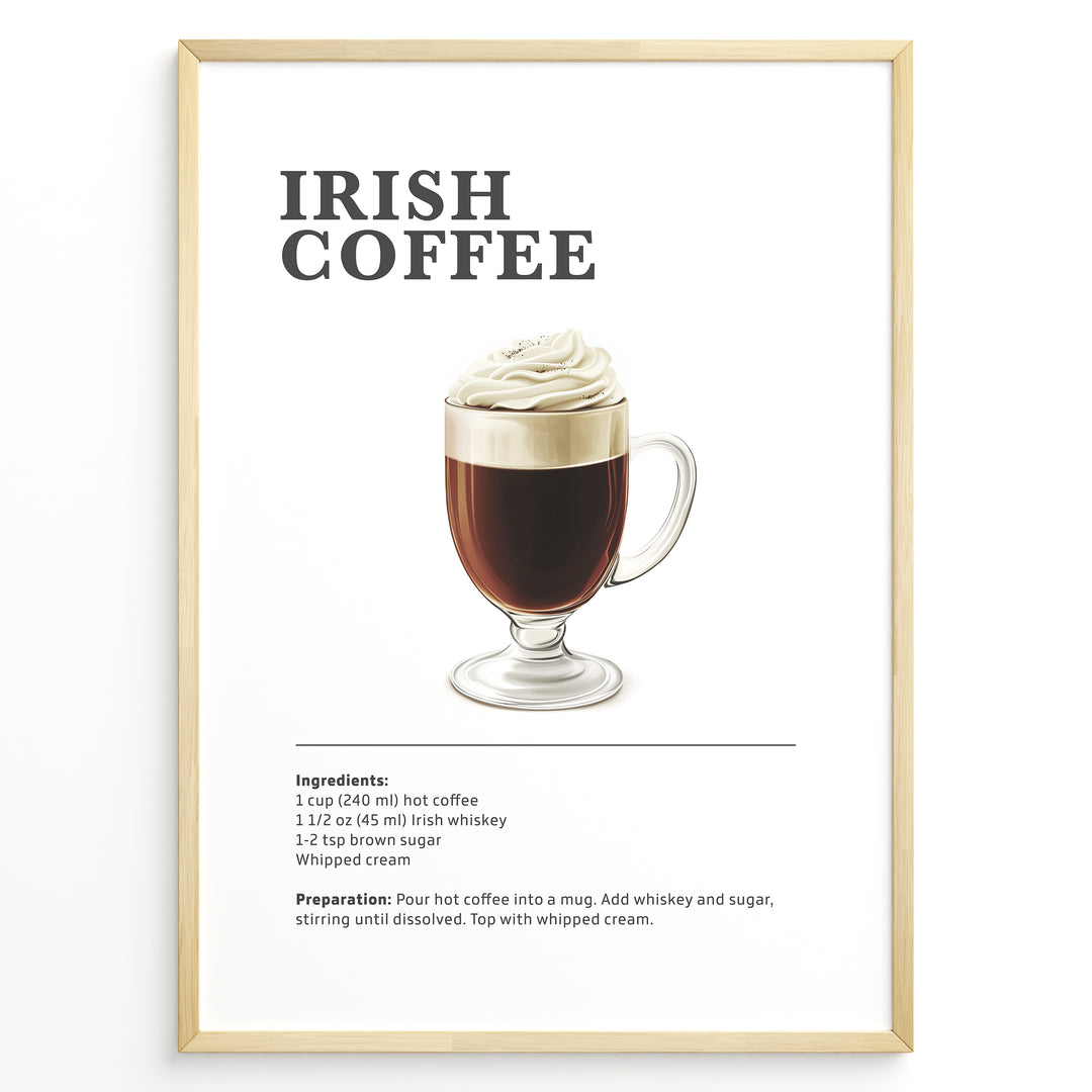 Irish coffee recipe poster with a glass of hot coffee topped with whipped cream.