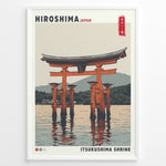 Ladda upp bild till gallerivisning, Japanske plakater | Illustrated travel poster of Itsukushima Shrine’s floating torii gate in Hiroshima, Japan, with calm water, mountain background, and vintage-style colors.
