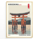 Ladda upp bild till gallerivisning, Japanske plakater | Illustrated travel poster of Itsukushima Shrine’s floating torii gate in Hiroshima, Japan, with calm water, mountain background, and vintage-style colors.
