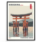Ladda upp bild till gallerivisning, Japanske plakater | Illustrated travel poster of Itsukushima Shrine’s floating torii gate in Hiroshima, Japan, with calm water, mountain background, and vintage-style colors.

