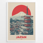 Ladda upp bild till gallerivisning, Japanske plakater | Retro-style Japan travel poster with a red pagoda, town view, Mount Fuji, and a large red sun, framed in black.
