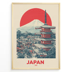 Ladda upp bild till gallerivisning, Japanske plakater | Retro-style Japan travel poster with a red pagoda, town view, Mount Fuji, and a large red sun, framed in black.
