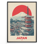 Ladda upp bild till gallerivisning, Japanske plakater | Retro-style Japan travel poster with a red pagoda, town view, Mount Fuji, and a large red sun, framed in black.
