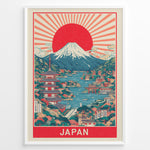 Ladda upp bild till gallerivisning, Japanske plakater | Framed vintage Japan travel poster with Mount Fuji, large red sun, traditional pagoda, and scenic waterfront village.
