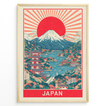 Ladda upp bild till gallerivisning, Japanske plakater | Framed vintage Japan travel poster with Mount Fuji, large red sun, traditional pagoda, and scenic waterfront village.
