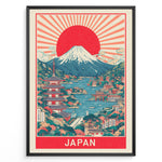 Ladda upp bild till gallerivisning, Japanske plakater | Framed vintage Japan travel poster with Mount Fuji, large red sun, traditional pagoda, and scenic waterfront village.
