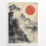 Ladda upp bild till gallerivisning, Japanske plakater | Traditional Japanese brush painting of misty mountains with pine trees on a cliff and a bold red sun, framed in black.
