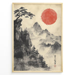 Ladda upp bild till gallerivisning, Japanske plakater | Traditional Japanese brush painting of misty mountains with pine trees on a cliff and a bold red sun, framed in black.
