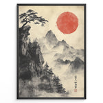 Ladda upp bild till gallerivisning, Japanske plakater | Traditional Japanese brush painting of misty mountains with pine trees on a cliff and a bold red sun, framed in black.
