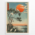 Ladda upp bild till gallerivisning, Japanske plakater |  Japanese ukiyo-e style art print of white cranes with a pine tree and a vivid red sun over a tranquil lakeside, framed in black.
