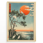 Ladda upp bild till gallerivisning, Japanske plakater |  Japanese ukiyo-e style art print of white cranes with a pine tree and a vivid red sun over a tranquil lakeside, framed in black.

