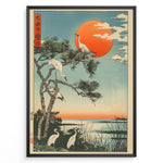 Ladda upp bild till gallerivisning, Japanske plakater |  Japanese ukiyo-e style art print of white cranes with a pine tree and a vivid red sun over a tranquil lakeside, framed in black.
