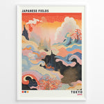 Ladda upp bild till gallerivisning, Japanske plakater | Abstract Japanese art print titled &quot;Japanese Fields&quot; with flowing wave patterns in red, blue, and gold tones, representing Tokyo, framed in black.

