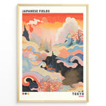 Ladda upp bild till gallerivisning, Japanske plakater | Abstract Japanese art print titled &quot;Japanese Fields&quot; with flowing wave patterns in red, blue, and gold tones, representing Tokyo, framed in black.
