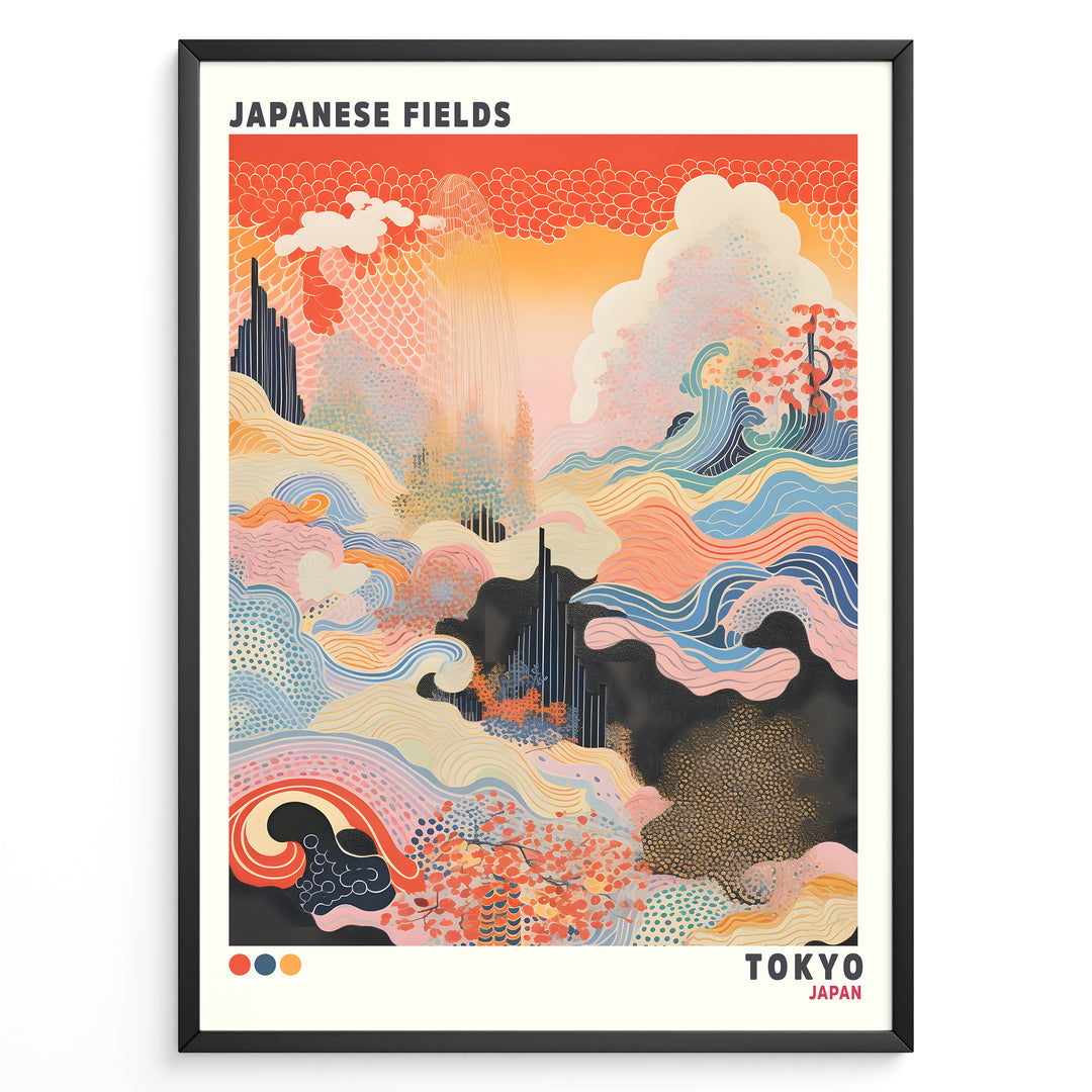 Japanske plakater | Abstract Japanese art print titled "Japanese Fields" with flowing wave patterns in red, blue, and gold tones, representing Tokyo, framed in black.