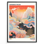 Ladda upp bild till gallerivisning, Japanske plakater | Abstract Japanese art print titled &quot;Japanese Fields&quot; with flowing wave patterns in red, blue, and gold tones, representing Tokyo, framed in black.
