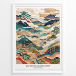 Ladda upp bild till gallerivisning, Japanske plakater | Framed Japanese Grasslands with Waves art print featuring mountains, flowing waves, and traditional Japanese landscape design.
