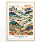 Ladda upp bild till gallerivisning, Japanske plakater | Framed Japanese Grasslands with Waves art print featuring mountains, flowing waves, and traditional Japanese landscape design.
