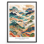Ladda upp bild till gallerivisning, Japanske plakater | Framed Japanese Grasslands with Waves art print featuring mountains, flowing waves, and traditional Japanese landscape design.
