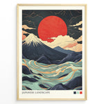 Ladda upp bild till gallerivisning, Japanske plakater | Framed Japanese landscape art print with snow-capped mountain, abstract swirling waves, and a large red sun in the background.
