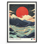 Ladda upp bild till gallerivisning, Japanske plakater | Framed Japanese landscape art print with snow-capped mountain, abstract swirling waves, and a large red sun in the background.
