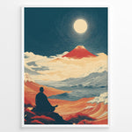 Ladda upp bild till gallerivisning, Japanske plakater | Japanese art print of a meditating person facing Mount Fuji under a full moon, surrounded by waves, clouds, and warm red-orange landscapes, framed in black.
