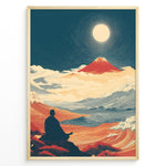Ladda upp bild till gallerivisning, Japanske plakater | Japanese art print of a meditating person facing Mount Fuji under a full moon, surrounded by waves, clouds, and warm red-orange landscapes, framed in black.
