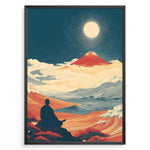 Ladda upp bild till gallerivisning, Japanske plakater | Japanese art print of a meditating person facing Mount Fuji under a full moon, surrounded by waves, clouds, and warm red-orange landscapes, framed in black.
