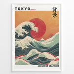 Ladda upp bild till gallerivisning, Japanske plakater | Framed Japanese Sea Wave poster featuring large crashing waves, vivid red sun, and Mount Fuji under a golden sunset sky.
