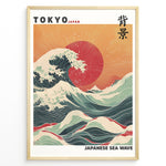Ladda upp bild till gallerivisning, Japanske plakater | Framed Japanese Sea Wave poster featuring large crashing waves, vivid red sun, and Mount Fuji under a golden sunset sky.
