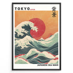 Ladda upp bild till gallerivisning, Japanske plakater | Framed Japanese Sea Wave poster featuring large crashing waves, vivid red sun, and Mount Fuji under a golden sunset sky.
