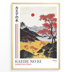 Ladda upp bild till gallerivisning, Japanske plakater | Framed Japanese landscape art print with red maple trees, golden fields, black mountains, and a small red sun.
