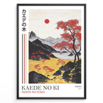 Ladda upp bild till gallerivisning, Japanske plakater | Framed Japanese landscape art print with red maple trees, golden fields, black mountains, and a small red sun.
