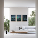 Ladda upp bild till gallerivisning, Triptych wall art plakat of the Kick Sauber F1 Team C44 Formula 1 car in a sleek black-and-green livery, displayed in a modern living room with black leather furniture.
