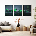 Ladda upp bild till gallerivisning, Triptych wall art plakat of the Kick Sauber F1 Team C44 Formula 1 car in a sleek black-and-green livery, displayed in a modern living room with black leather furniture.
