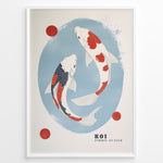 Ladda upp bild till gallerivisning, Plakater | Illustration of two koi fish swimming in a blue oval, with red and white scales, surrounded by three red circles and framed in black. 

