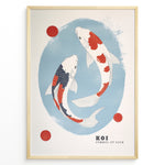 Ladda upp bild till gallerivisning, Plakater | Illustration of two koi fish swimming in a blue oval, with red and white scales, surrounded by three red circles and framed in black. 
