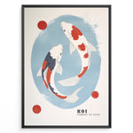 Ladda upp bild till gallerivisning, Plakater | Illustration of two koi fish swimming in a blue oval, with red and white scales, surrounded by three red circles and framed in black. 
