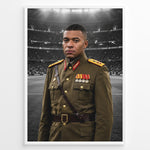 Ladda upp bild till gallerivisning, Satirisk kunstplakat med Kylian Mbappé i et fiktivt diktator-inspireret militæruniform foran et stadion
