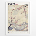 Ladda upp bild till gallerivisning, Japanske plakater | Japanese-style poster with cherry blossom branches over flowing waves, featuring soft pastel tones and the text “Kyoto Japan” and “Cherry Blossom.”
