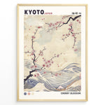 Ladda upp bild till gallerivisning, Japanske plakater | Japanese-style poster with cherry blossom branches over flowing waves, featuring soft pastel tones and the text “Kyoto Japan” and “Cherry Blossom.”
