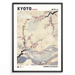 Ladda upp bild till gallerivisning, Japanske plakater | Japanese-style poster with cherry blossom branches over flowing waves, featuring soft pastel tones and the text “Kyoto Japan” and “Cherry Blossom.”
