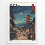 Ladda upp bild till gallerivisning, Japanske plakater | Nighttime illustration of Kyoto’s historic street with Yasaka Pagoda (Hōkanji Temple) under a full moon, framed by traditional wooden buildings.

