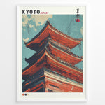 Ladda upp bild till gallerivisning, Japanske plakater | Illustrated close-up of a traditional red pagoda in Kyoto, Japan, set against a blue sky with stylized clouds.

