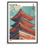 Ladda upp bild till gallerivisning, Japanske plakater | Illustrated close-up of a traditional red pagoda in Kyoto, Japan, set against a blue sky with stylized clouds.
