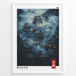 Ladda upp bild till gallerivisning, Japanske plakater | Moody night scene of traditional Japanese temples in Kyoto surrounded by mist, with glowing lanterns and a mountainous background. Labeled “Kyoto” in English and Japanese.
