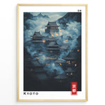 Ladda upp bild till gallerivisning, Japanske plakater | Moody night scene of traditional Japanese temples in Kyoto surrounded by mist, with glowing lanterns and a mountainous background. Labeled “Kyoto” in English and Japanese.
