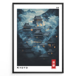 Ladda upp bild till gallerivisning, Japanske plakater | Moody night scene of traditional Japanese temples in Kyoto surrounded by mist, with glowing lanterns and a mountainous background. Labeled “Kyoto” in English and Japanese.
