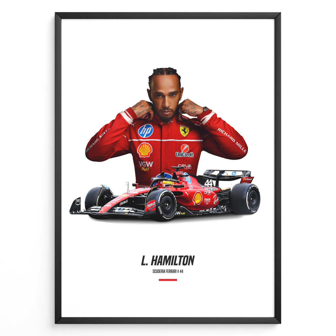Framed poster of Lewis Hamilton in Ferrari red racing suit standing behind his red Formula 1 Ferrari car with number 44.